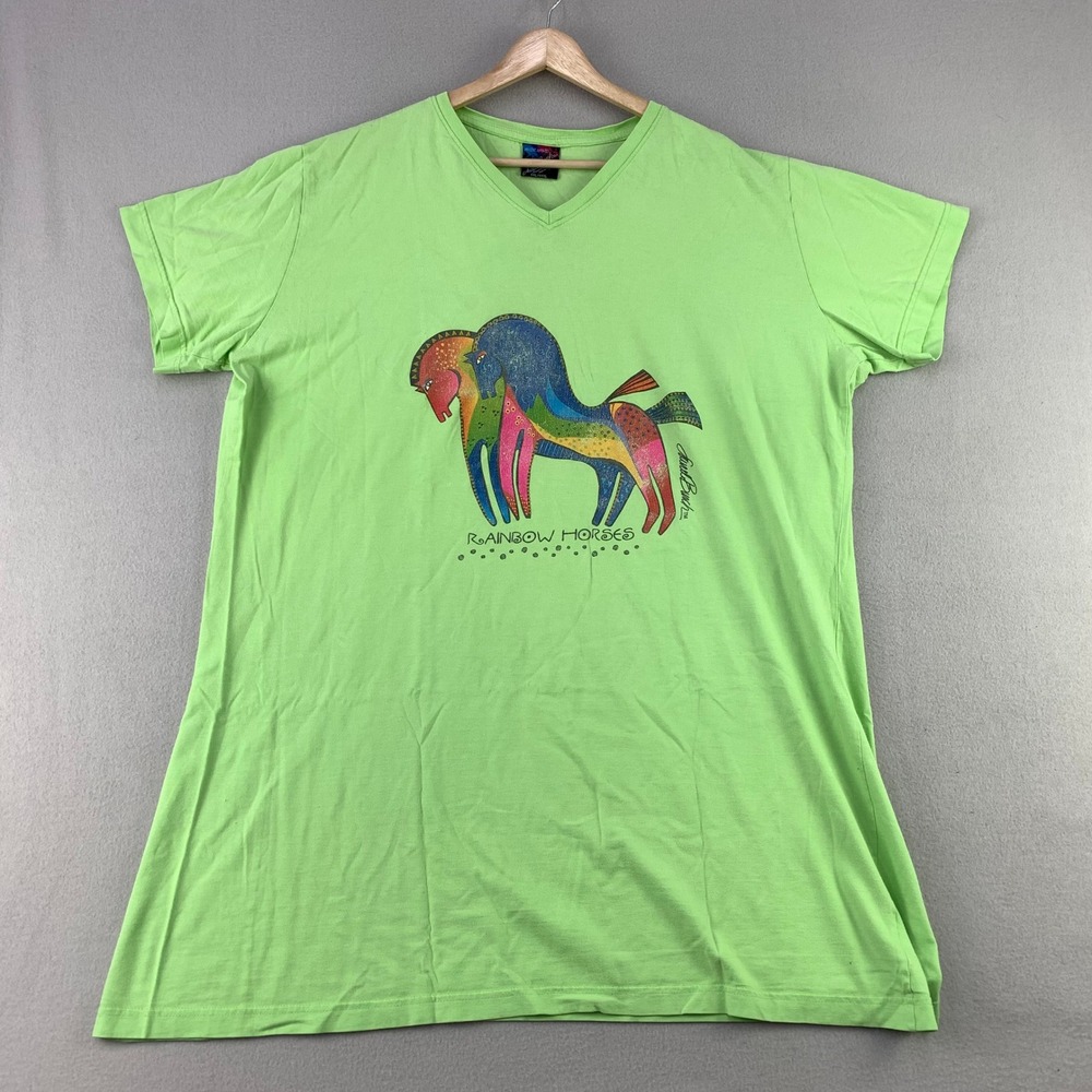 Vintage Laurel Burch Rainbow Horses T-Shirt Mens XXL/XXXL V-Neck Graphic Tee USA
